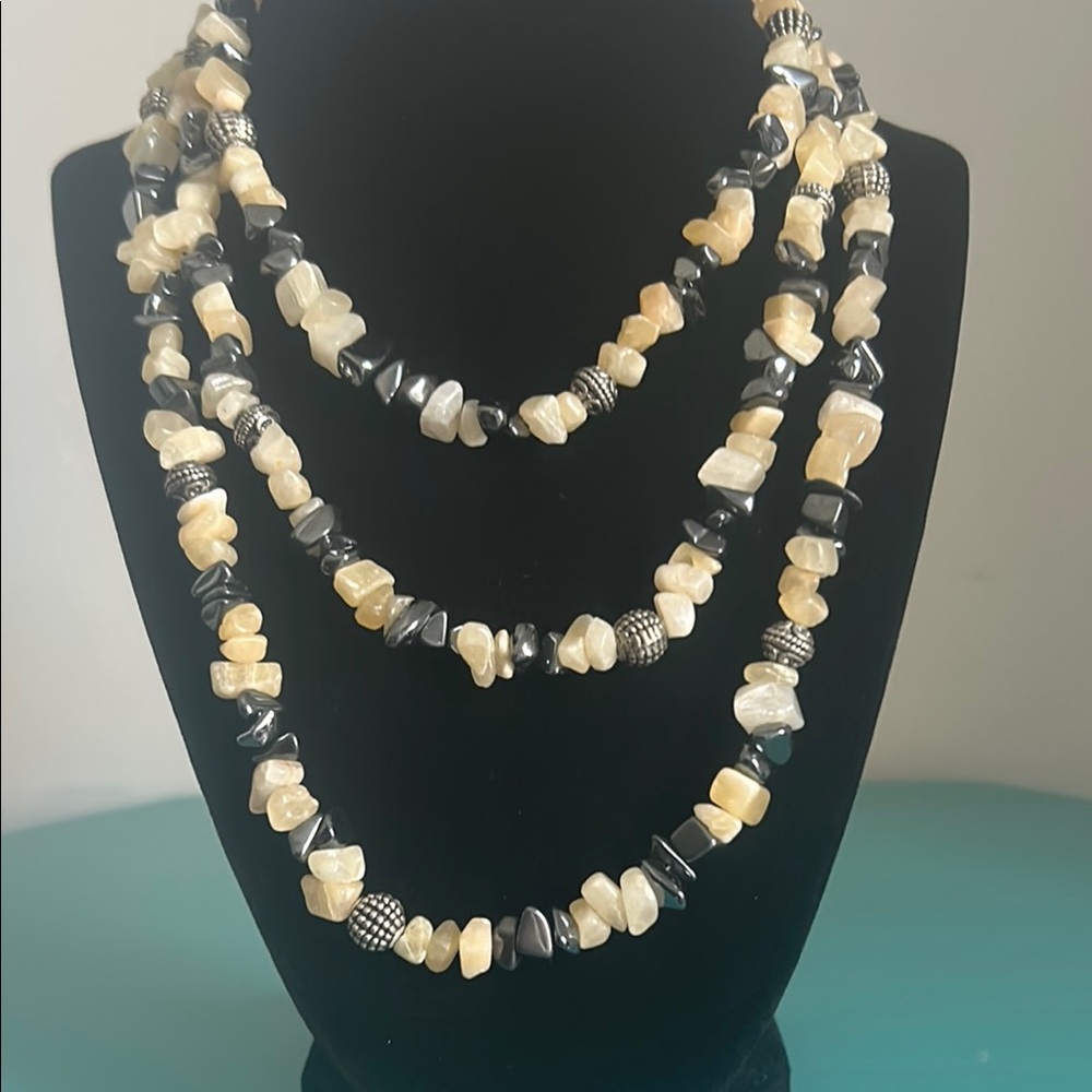 53” Hematite Citrine Chipped Gemstone and Silver Tone Tibetan Beaded Necklace